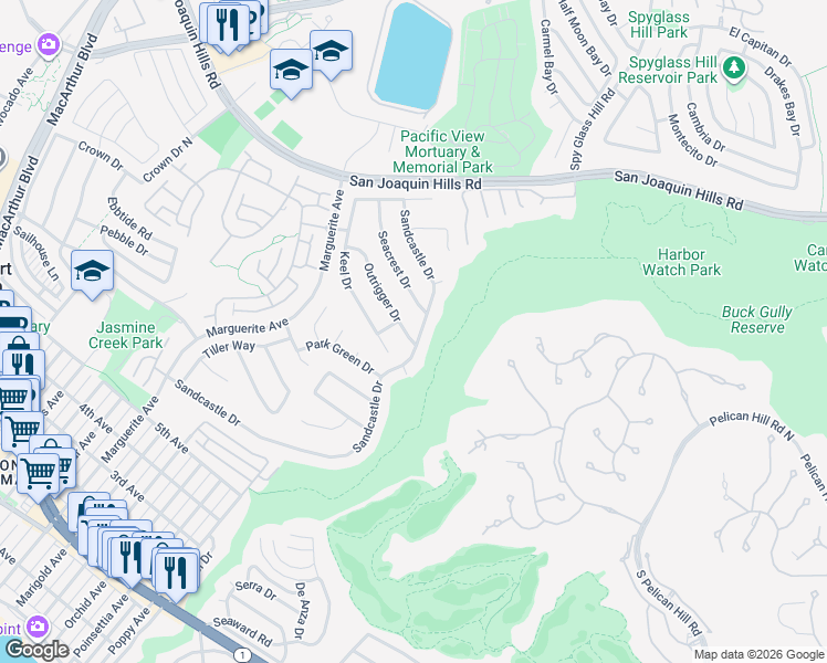 map of restaurants, bars, coffee shops, grocery stores, and more near 1200 Outrigger Drive in Newport Beach