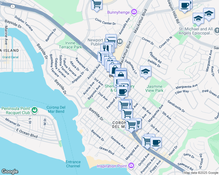map of restaurants, bars, coffee shops, grocery stores, and more near 606 Carnation Avenue in Newport Beach