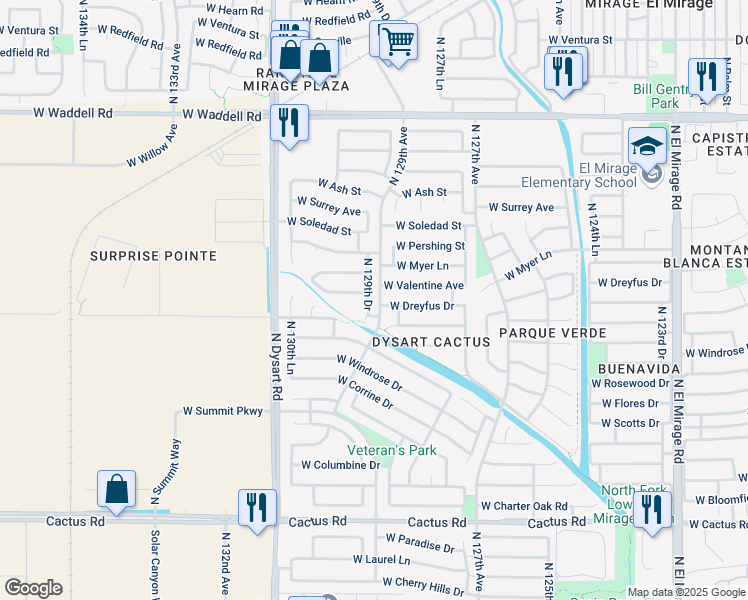 map of restaurants, bars, coffee shops, grocery stores, and more near 13109 North 129th Drive in El Mirage
