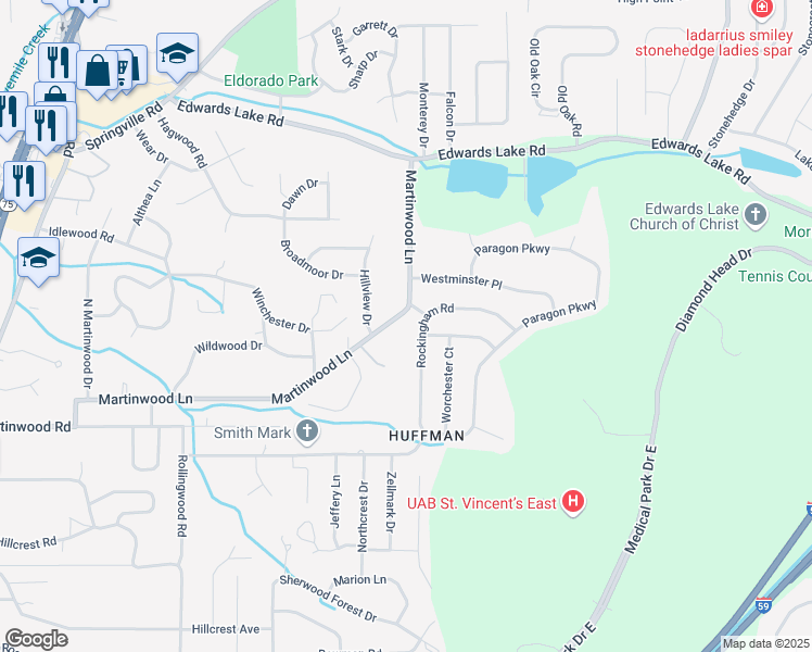 map of restaurants, bars, coffee shops, grocery stores, and more near 1059 Martinwood Lane in Birmingham
