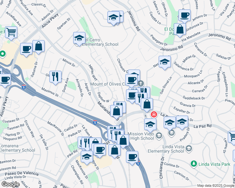 map of restaurants, bars, coffee shops, grocery stores, and more near 26005 Andrea Court in Mission Viejo
