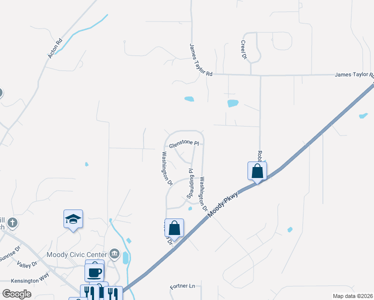 map of restaurants, bars, coffee shops, grocery stores, and more near 2312 Dunbar Circle in Moody
