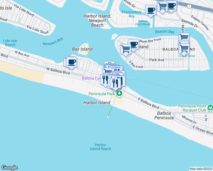 map of restaurants, bars, coffee shops, grocery stores, and more near 204 Adams Street in Newport Beach