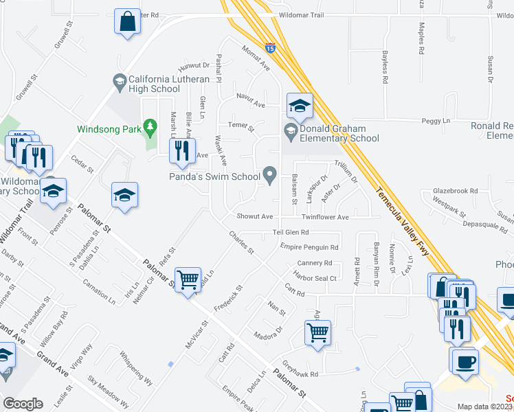 map of restaurants, bars, coffee shops, grocery stores, and more near 22911 Ari Circle in Wildomar