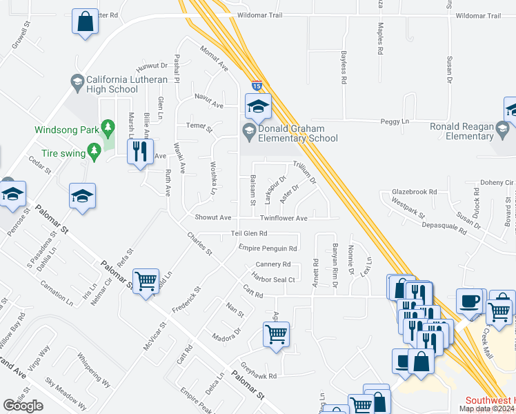 map of restaurants, bars, coffee shops, grocery stores, and more near 35660 Balsam Street in Wildomar