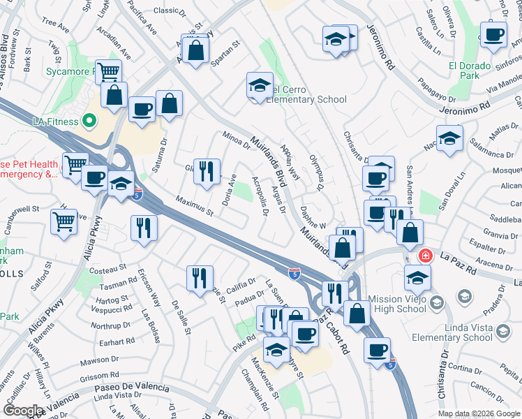map of restaurants, bars, coffee shops, grocery stores, and more near 24771 Acropolis Drive in Mission Viejo