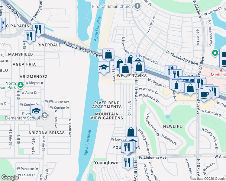 map of restaurants, bars, coffee shops, grocery stores, and more near 13000 North 113th Avenue in Youngtown