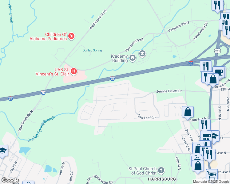map of restaurants, bars, coffee shops, grocery stores, and more near 333 Fox Run Lane in Pell City