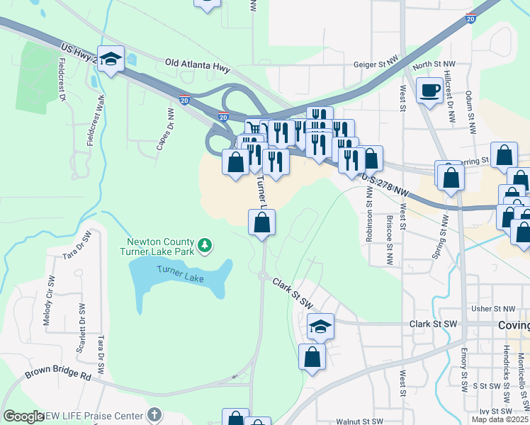 map of restaurants, bars, coffee shops, grocery stores, and more near 7121 Turner Lake Road in Covington