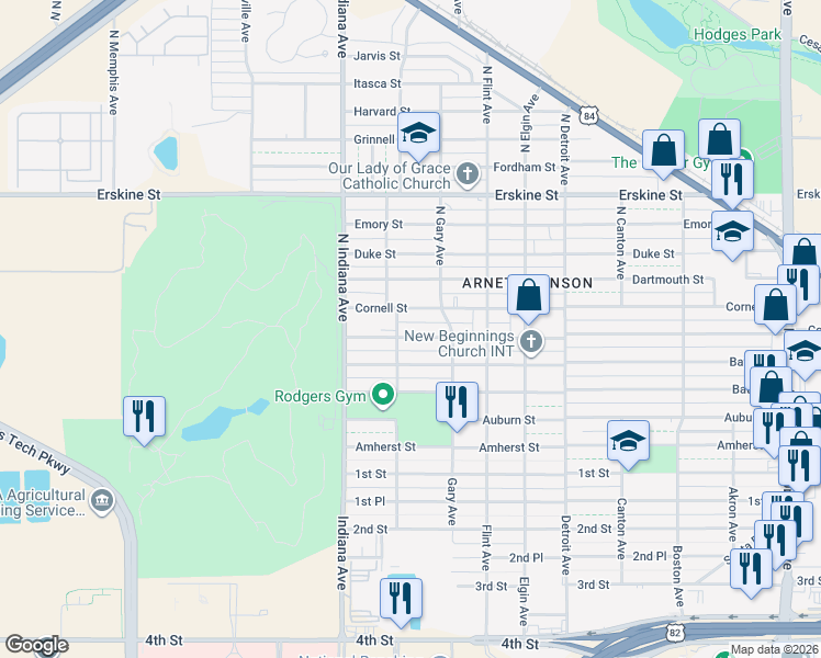 map of restaurants, bars, coffee shops, grocery stores, and more near 3211 Cornell Street in Lubbock