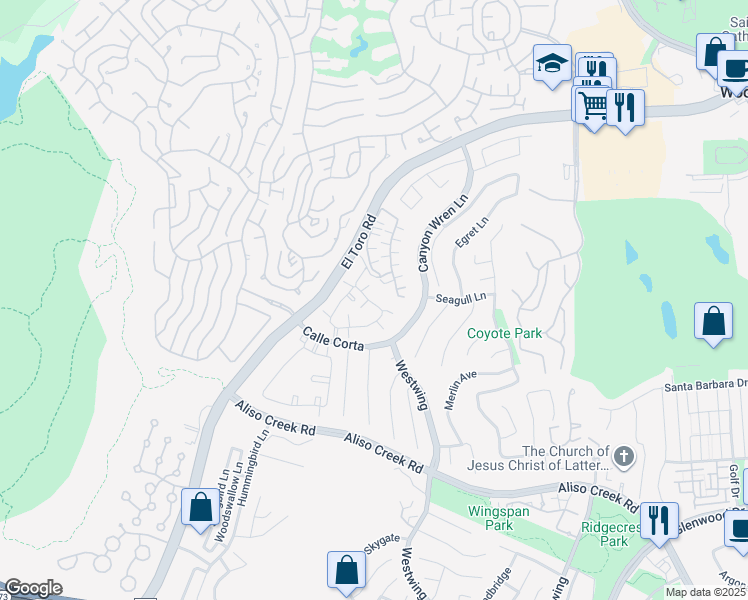map of restaurants, bars, coffee shops, grocery stores, and more near 51 Waxwing Lane in Aliso Viejo