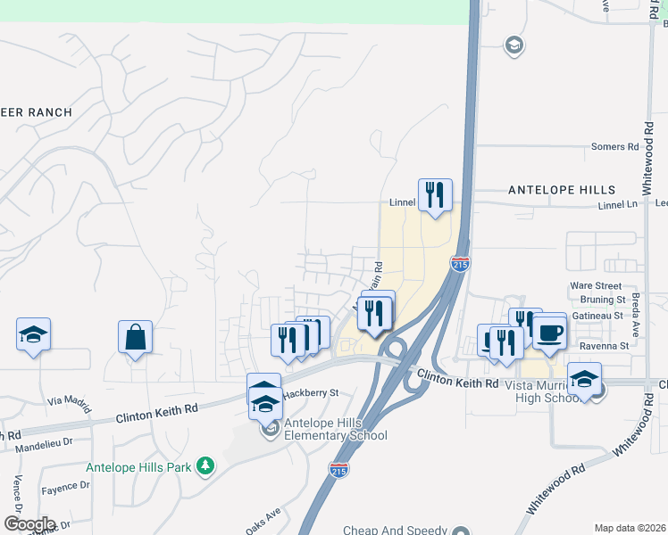 map of restaurants, bars, coffee shops, grocery stores, and more near 27680 Passion Flower Court in Murrieta