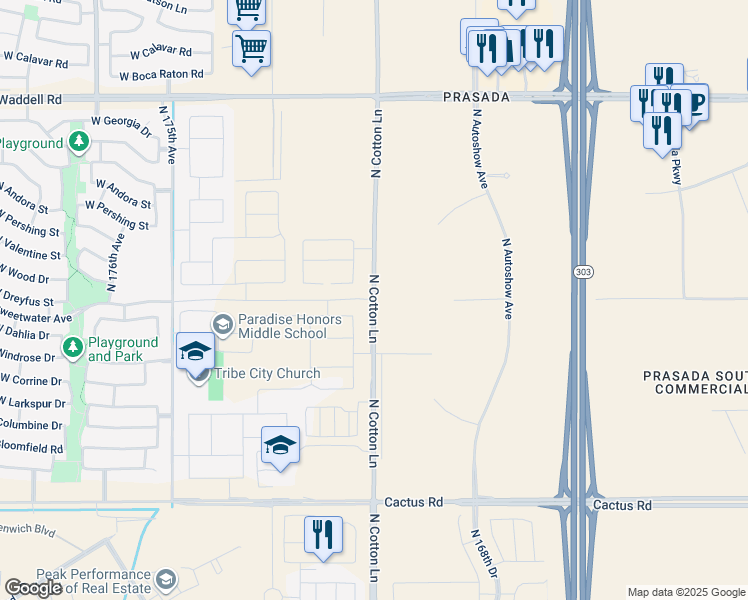 map of restaurants, bars, coffee shops, grocery stores, and more near 12974 North Cotton Lane in Surprise
