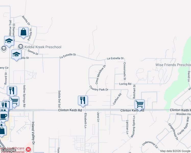 map of restaurants, bars, coffee shops, grocery stores, and more near 24852 Picnic Lane in Wildomar