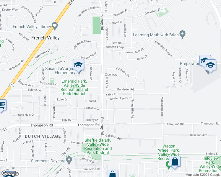 map of restaurants, bars, coffee shops, grocery stores, and more near 32074 Bandelier Road in Winchester