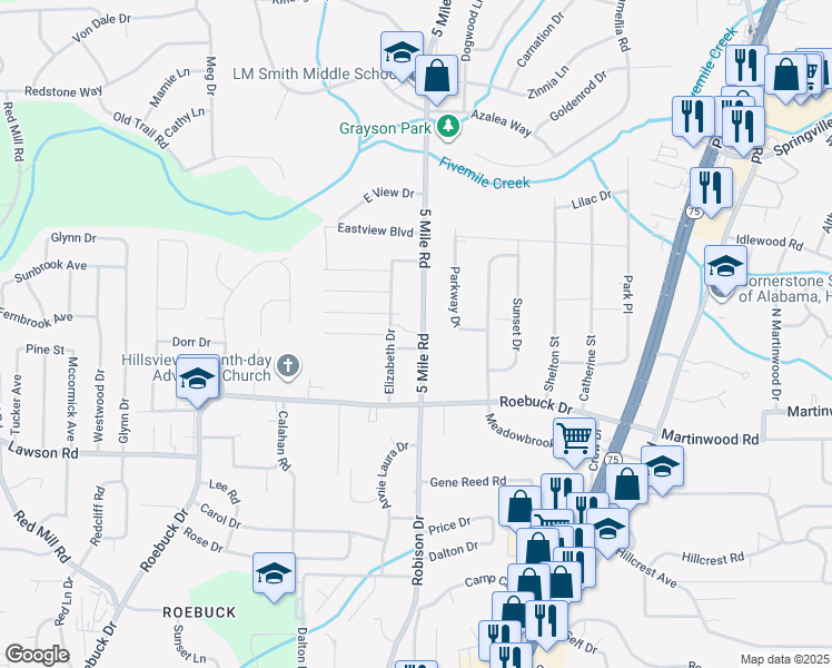 map of restaurants, bars, coffee shops, grocery stores, and more near 913 5 Mile Road in Birmingham