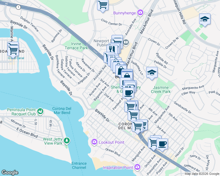 map of restaurants, bars, coffee shops, grocery stores, and more near Carnation Avenue in Newport Beach