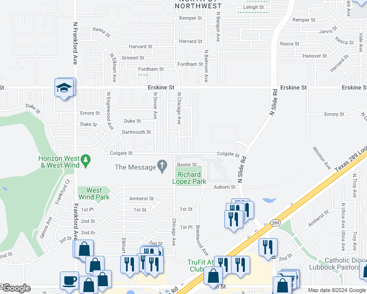 map of restaurants, bars, coffee shops, grocery stores, and more near 309 North Chicago Avenue in Lubbock