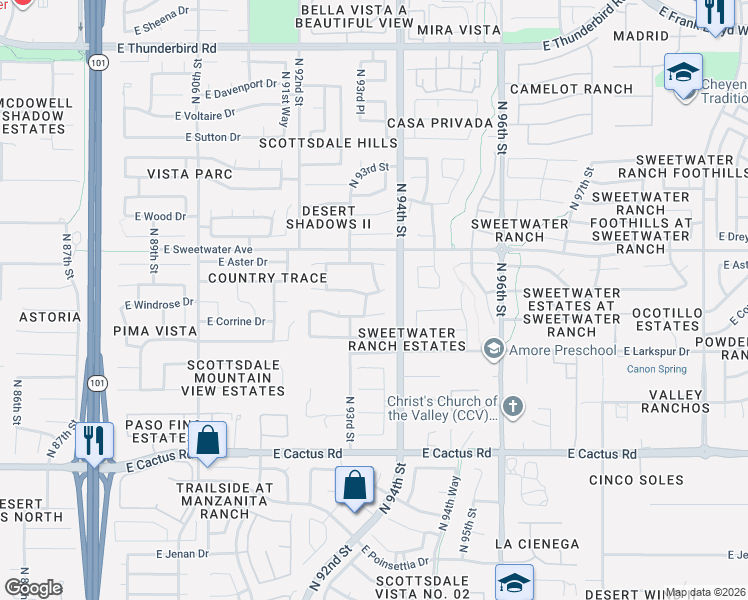 map of restaurants, bars, coffee shops, grocery stores, and more near 9372 East Windrose Drive in Scottsdale