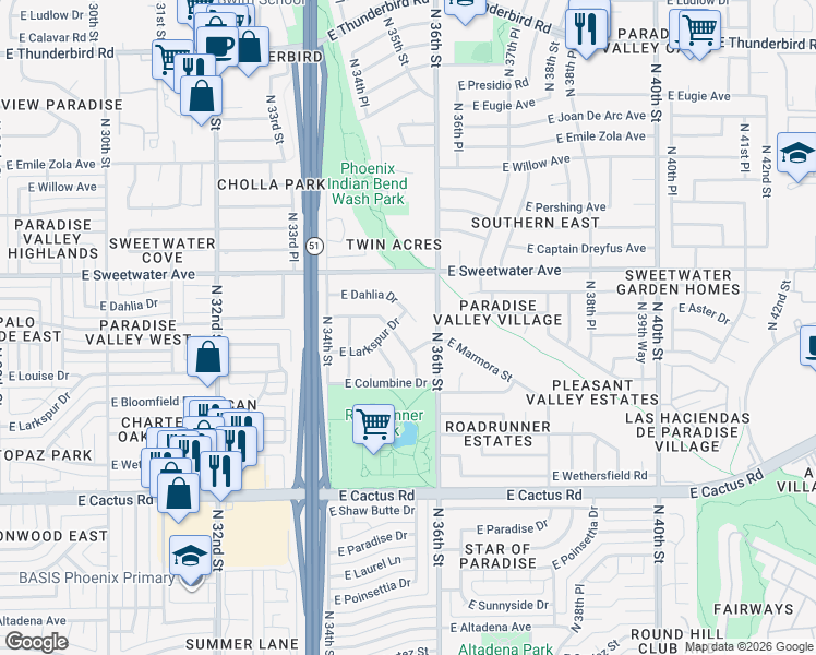 map of restaurants, bars, coffee shops, grocery stores, and more near 3540 East Dahlia Drive in Phoenix