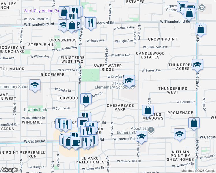 map of restaurants, bars, coffee shops, grocery stores, and more near 7301 West Sweetwater Avenue in Peoria