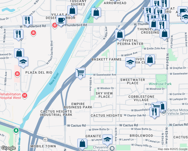 map of restaurants, bars, coffee shops, grocery stores, and more near 13062 North 88th Avenue in Peoria
