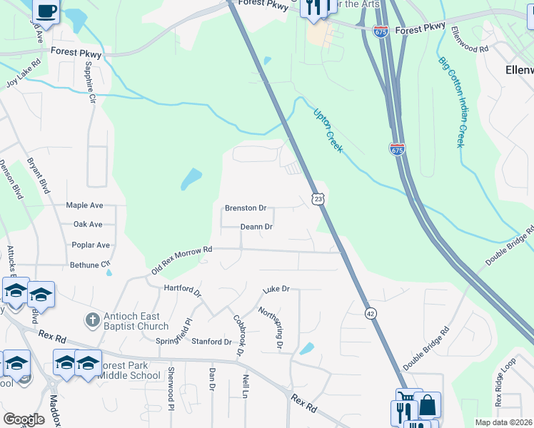 map of restaurants, bars, coffee shops, grocery stores, and more near 2655 Brenston Drive in Ellenwood