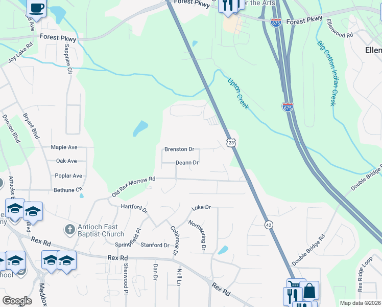 map of restaurants, bars, coffee shops, grocery stores, and more near 2647 Brenston Drive in Ellenwood
