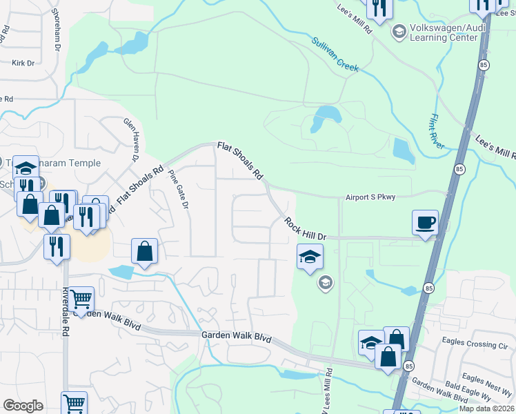 map of restaurants, bars, coffee shops, grocery stores, and more near 5522 Rock Shoals Way in Atlanta
