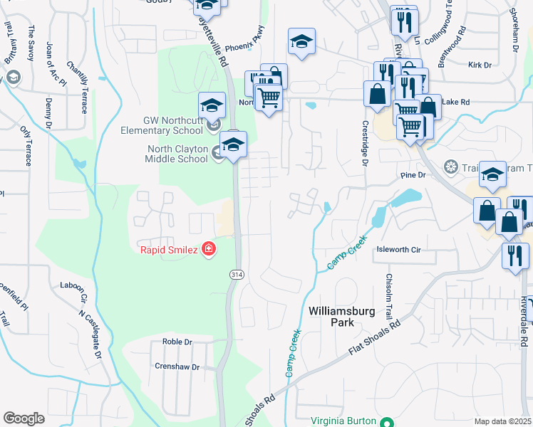 map of restaurants, bars, coffee shops, grocery stores, and more near 5601 Savannah River Road in Atlanta