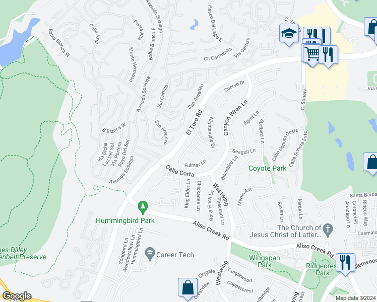 map of restaurants, bars, coffee shops, grocery stores, and more near 90 Night Heron Lane in Aliso Viejo