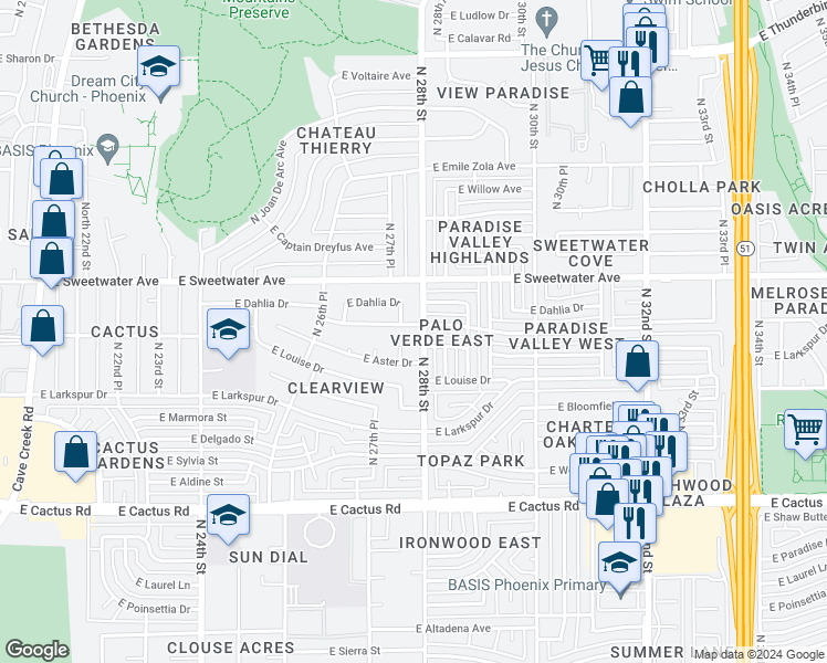 map of restaurants, bars, coffee shops, grocery stores, and more near 2763 East Windrose Drive in Phoenix