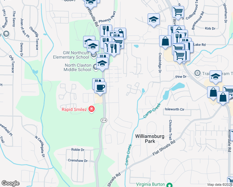 map of restaurants, bars, coffee shops, grocery stores, and more near 5601 Savannah River Road in Atlanta