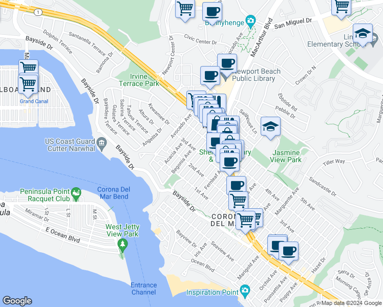 map of restaurants, bars, coffee shops, grocery stores, and more near 514 Begonia Avenue in Newport Beach