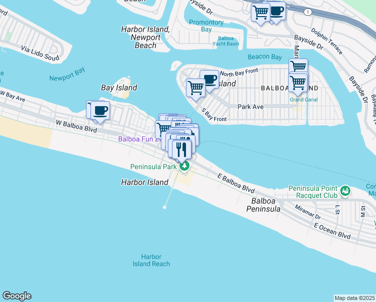 map of restaurants, bars, coffee shops, grocery stores, and more near Main Street in Newport Beach