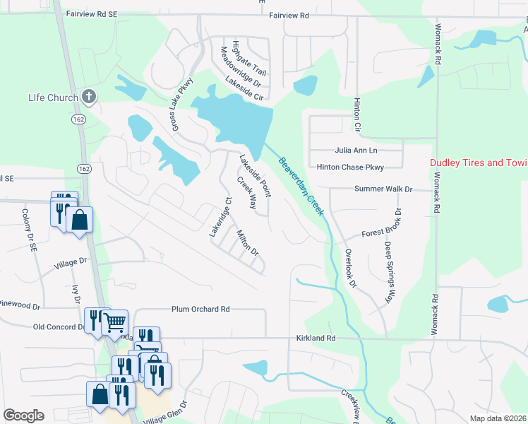 map of restaurants, bars, coffee shops, grocery stores, and more near 310 Lakeside Point in Covington