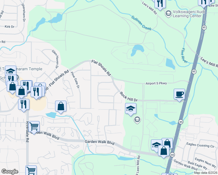 map of restaurants, bars, coffee shops, grocery stores, and more near 5522 Rock Shoals Way in Atlanta
