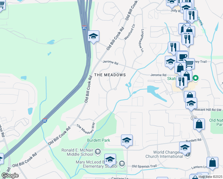 map of restaurants, bars, coffee shops, grocery stores, and more near 5720 Deerfield Trail in Atlanta