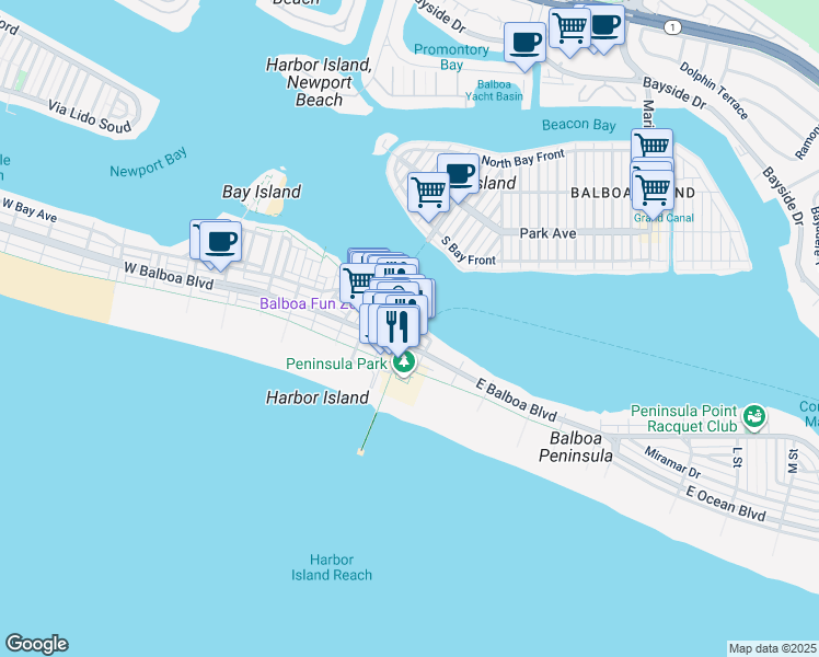 map of restaurants, bars, coffee shops, grocery stores, and more near Main Street in Newport Beach