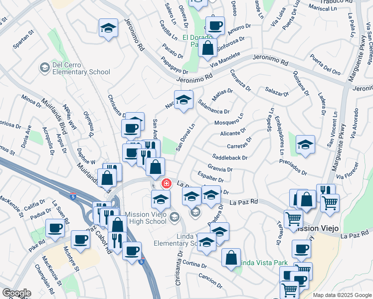 map of restaurants, bars, coffee shops, grocery stores, and more near 24761 Mosquero Lane in Mission Viejo