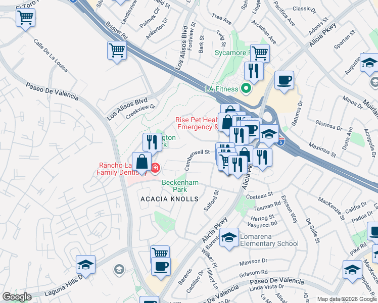 map of restaurants, bars, coffee shops, grocery stores, and more near 24861 Camberwell Street in Laguna Hills
