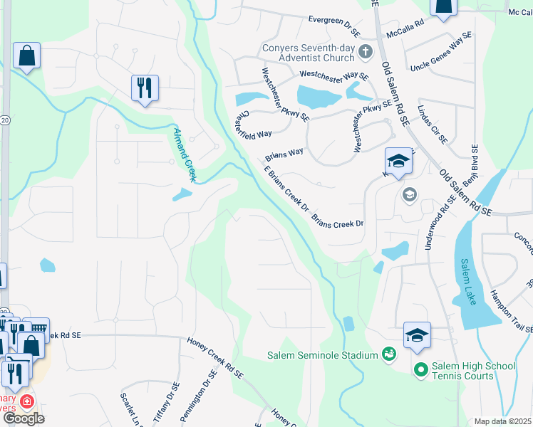 map of restaurants, bars, coffee shops, grocery stores, and more near 3766 Windy Hill Drive Southeast in Conyers