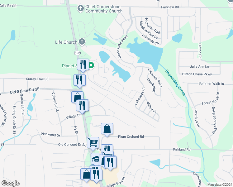 map of restaurants, bars, coffee shops, grocery stores, and more near 340 Barshay Drive in Covington