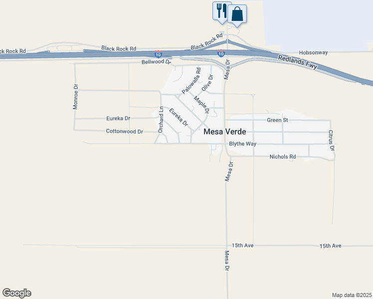 map of restaurants, bars, coffee shops, grocery stores, and more near 18441 Blythe Way in Blythe