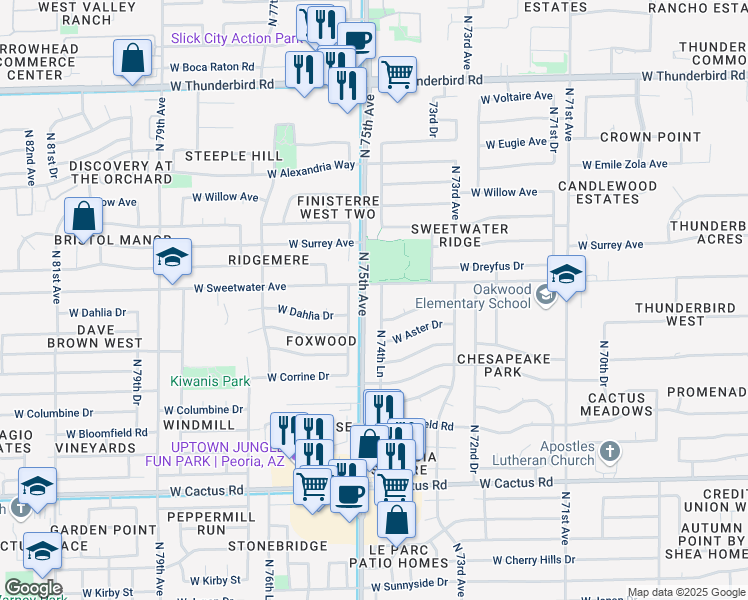 map of restaurants, bars, coffee shops, grocery stores, and more near 12960 North 74th Lane in Peoria
