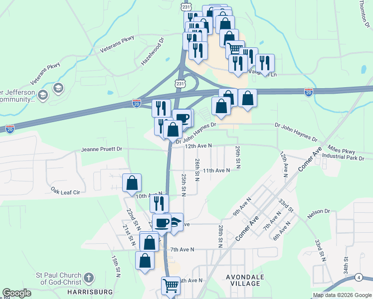 map of restaurants, bars, coffee shops, grocery stores, and more near 2401 12th Avenue North in Pell City