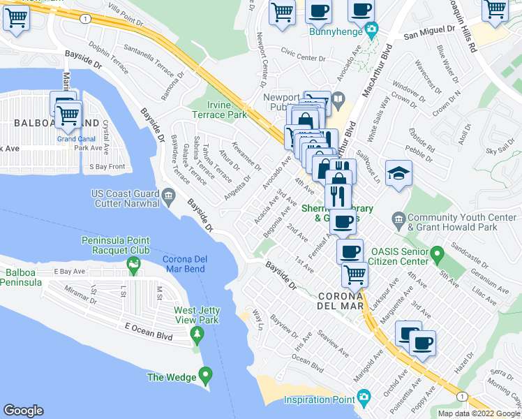 map of restaurants, bars, coffee shops, grocery stores, and more near 433 1/2 Acacia Avenue in Newport Beach