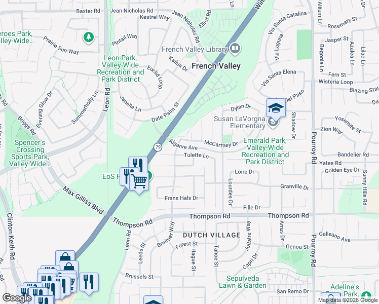 map of restaurants, bars, coffee shops, grocery stores, and more near 31411 McCartney Drive in Winchester