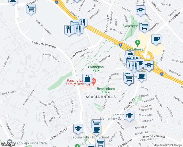 map of restaurants, bars, coffee shops, grocery stores, and more near 24772 Rittenhouse Circle in Laguna Hills