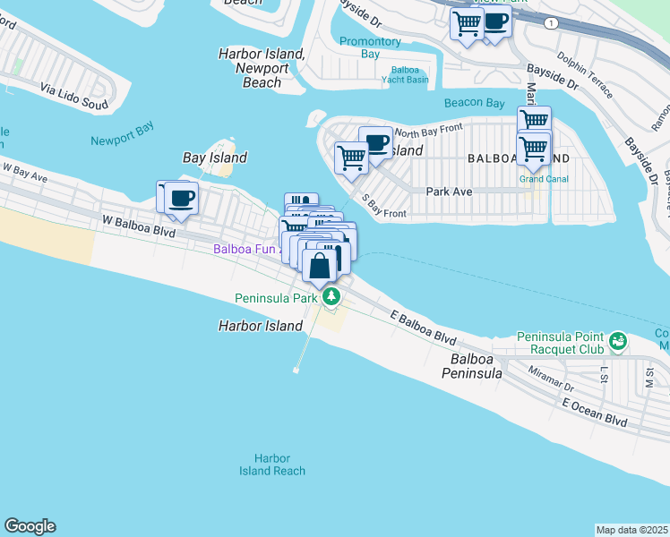 map of restaurants, bars, coffee shops, grocery stores, and more near 704 East Balboa Boulevard in Newport Beach